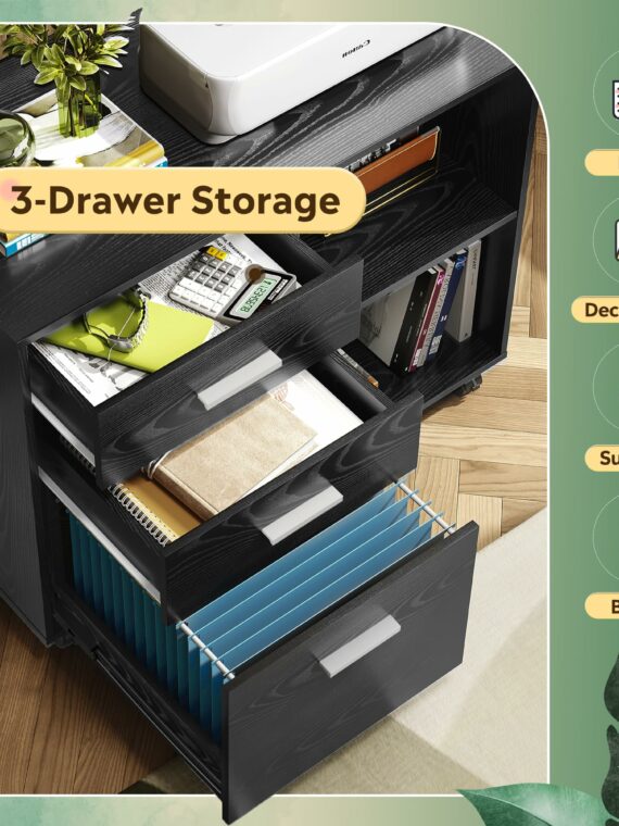 DEVISE Wood File Cabinet, 3-Drawer with Open Shelves, Mobile Office Storage, Eco-Friendly, 31.3"W