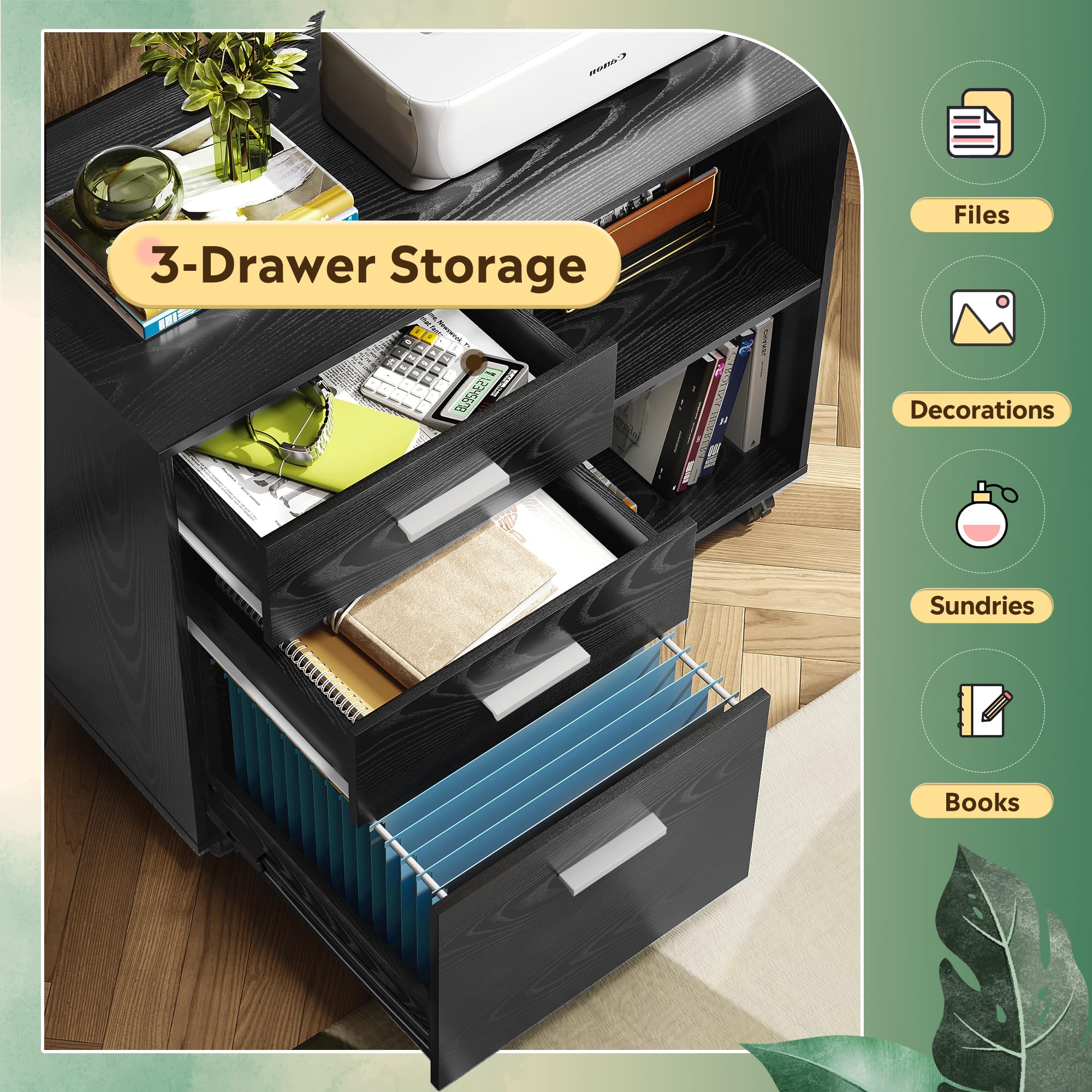 DEVISE Wood File Cabinet, 3-Drawer with Open Shelves, Mobile Office Storage, Eco-Friendly, 31.3"W