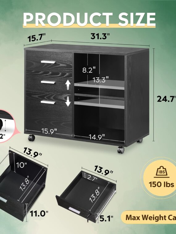 DEVISE Wood File Cabinet, 3-Drawer with Open Shelves, Mobile Office Storage, Eco-Friendly, 31.3"W