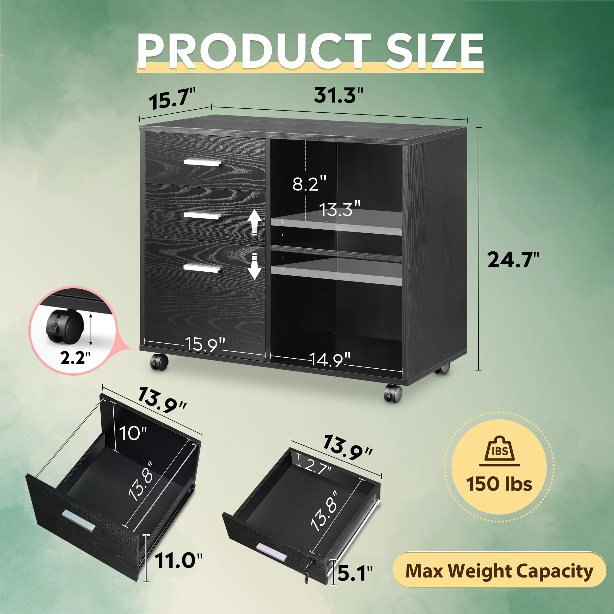 DEVISE Wood File Cabinet, 3-Drawer with Open Shelves, Mobile Office Storage, Eco-Friendly, 31.3"W