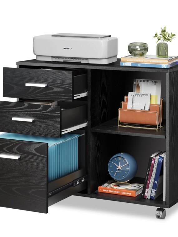 DEVISE Wood File Cabinet, 3-Drawer with Open Shelves, Mobile Office Storage, Eco-Friendly, 31.3"W