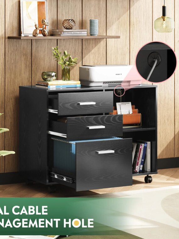 DEVISE Wood File Cabinet, 3-Drawer with Open Shelves, Mobile Office Storage, Eco-Friendly, 31.3"W