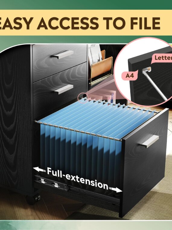 DEVISE Wood File Cabinet, 3-Drawer with Open Shelves, Mobile Office Storage, Eco-Friendly, 31.3"W