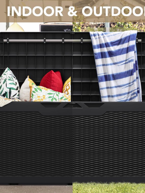 Devoko 100 Gallon Waterproof Resin Deck Box, Rattan Pattern, Large Storage, Durable & Lockable, Extra Seating