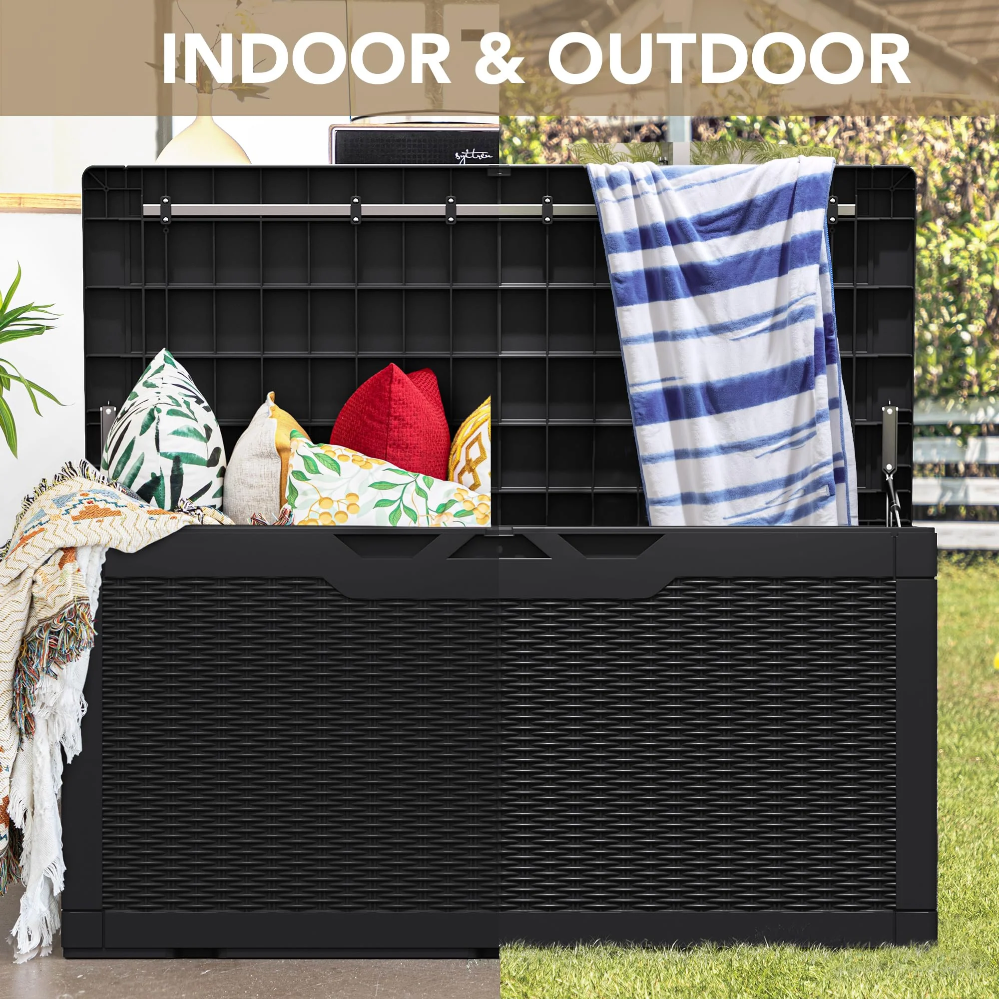 Devoko 100 Gallon Waterproof Resin Deck Box, Rattan Pattern, Large Storage, Durable & Lockable, Extra Seating