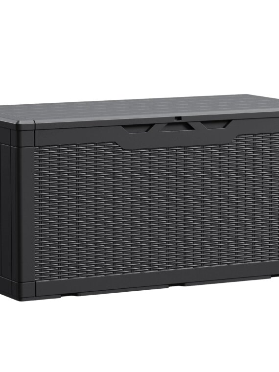 Devoko 100 Gallon Waterproof Resin Deck Box, Rattan Pattern, Large Storage, Durable & Lockable, Extra Seating