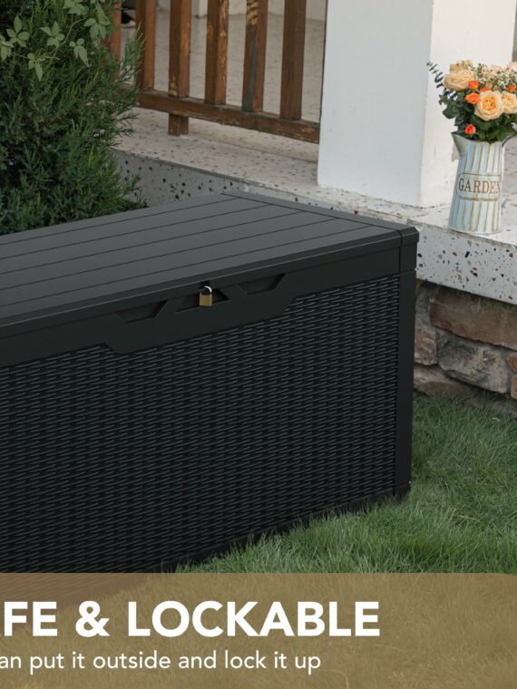 Devoko 100 Gallon Waterproof Resin Deck Box, Rattan Pattern, Large Storage, Durable & Lockable, Extra Seating