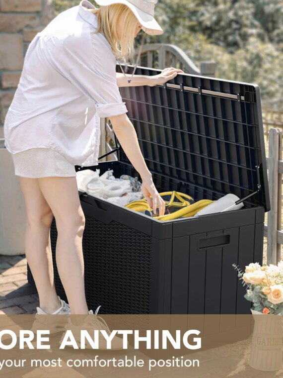 Devoko 100 Gallon Waterproof Resin Deck Box, Rattan Pattern, Large Storage, Durable & Lockable, Extra Seating