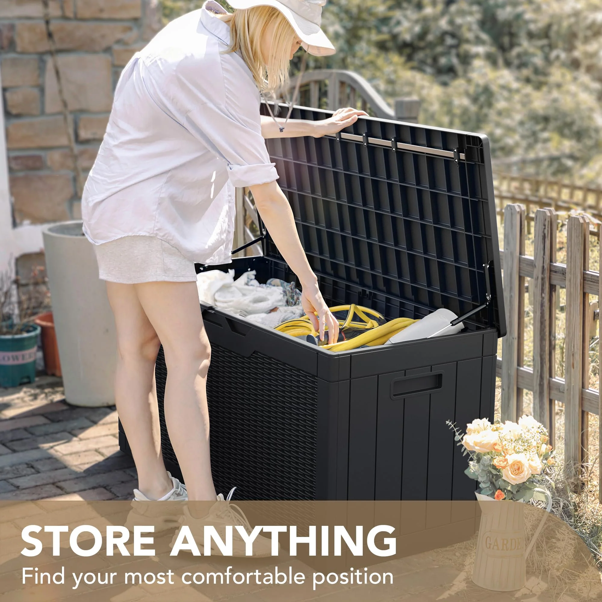 Devoko 100 Gallon Waterproof Resin Deck Box, Rattan Pattern, Large Storage, Durable & Lockable, Extra Seating