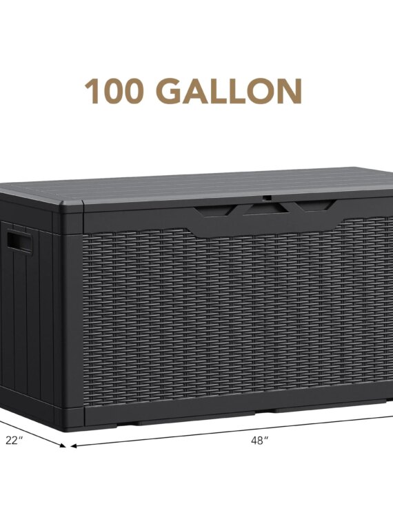 Devoko 100 Gallon Waterproof Resin Deck Box, Rattan Pattern, Large Storage, Durable & Lockable, Extra Seating