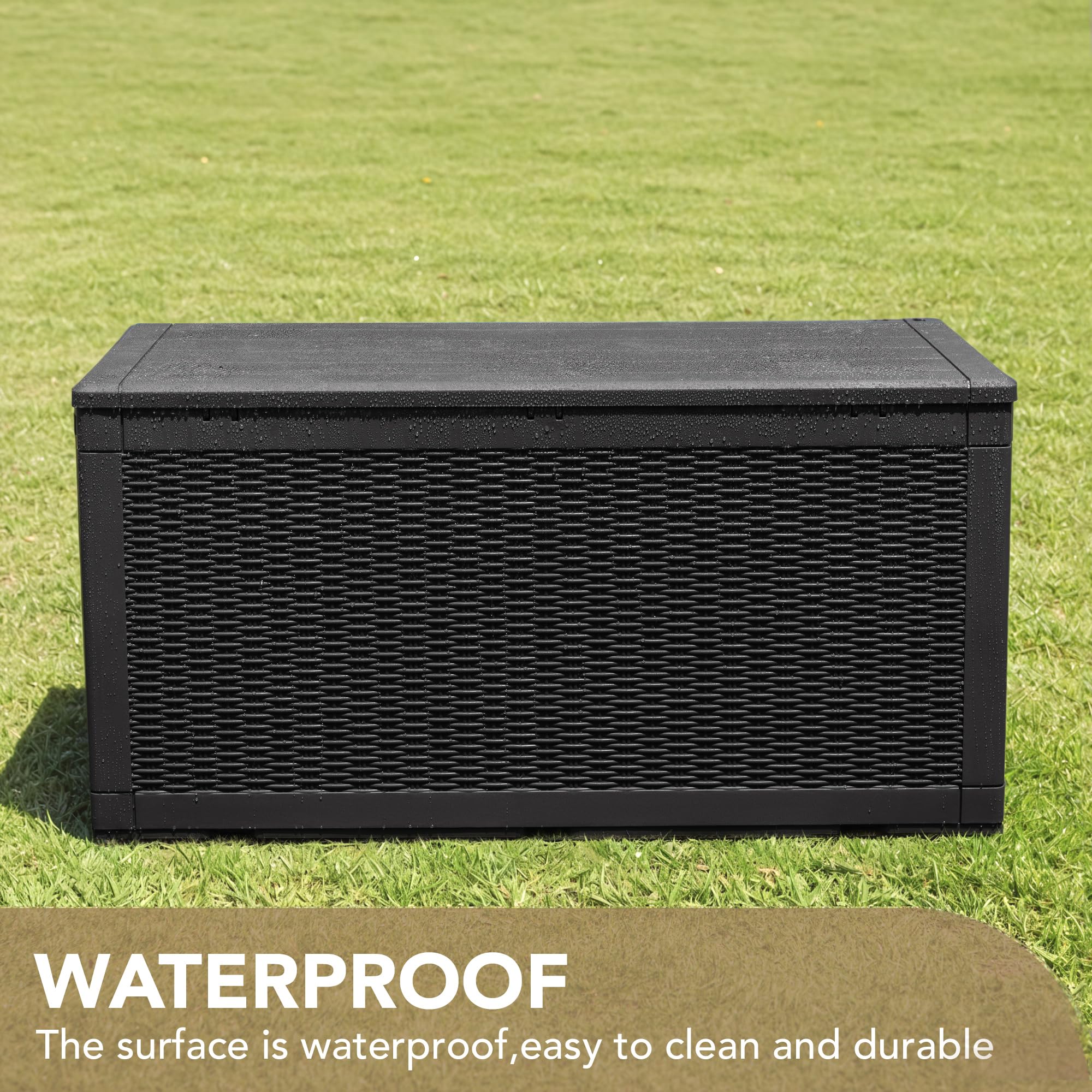 Devoko 100 Gallon Waterproof Resin Deck Box, Rattan Pattern, Large Storage, Durable & Lockable, Extra Seating