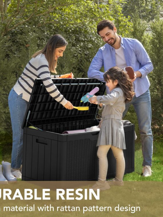 Devoko 100 Gallon Waterproof Resin Deck Box with Cushion, Outdoor Storage Bench & Lockable Lid