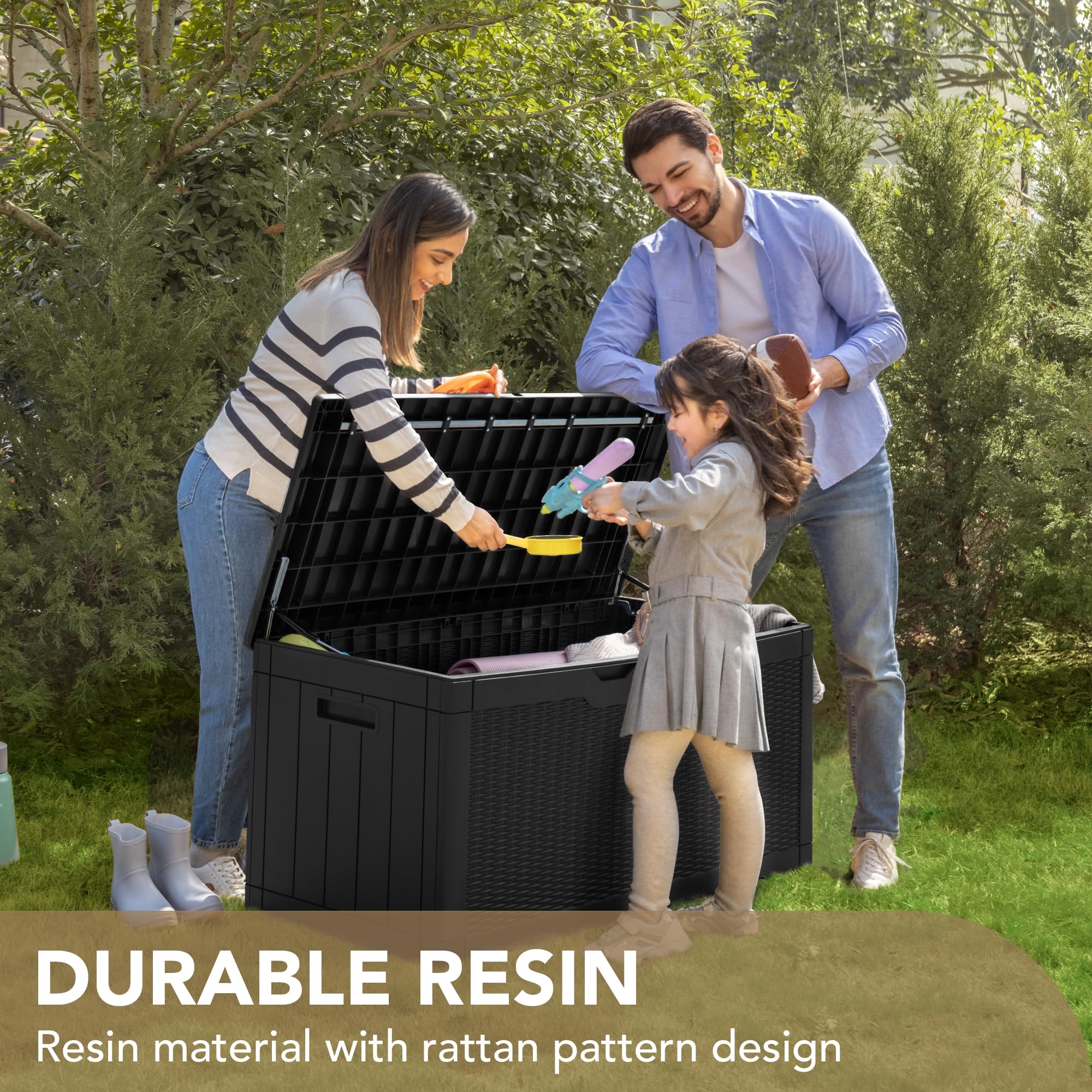 Devoko 100 Gallon Waterproof Resin Deck Box with Cushion, Outdoor Storage Bench & Lockable Lid