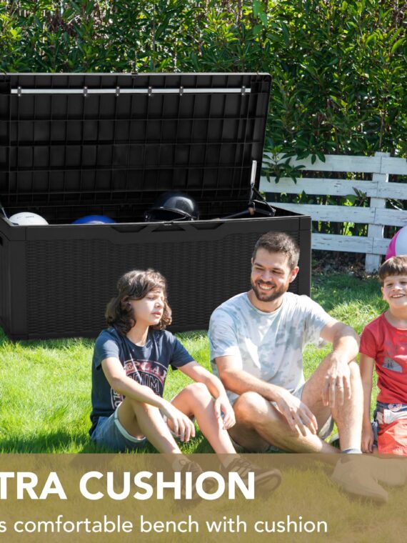 Devoko 100 Gallon Waterproof Resin Deck Box with Cushion, Outdoor Storage Bench & Lockable Lid
