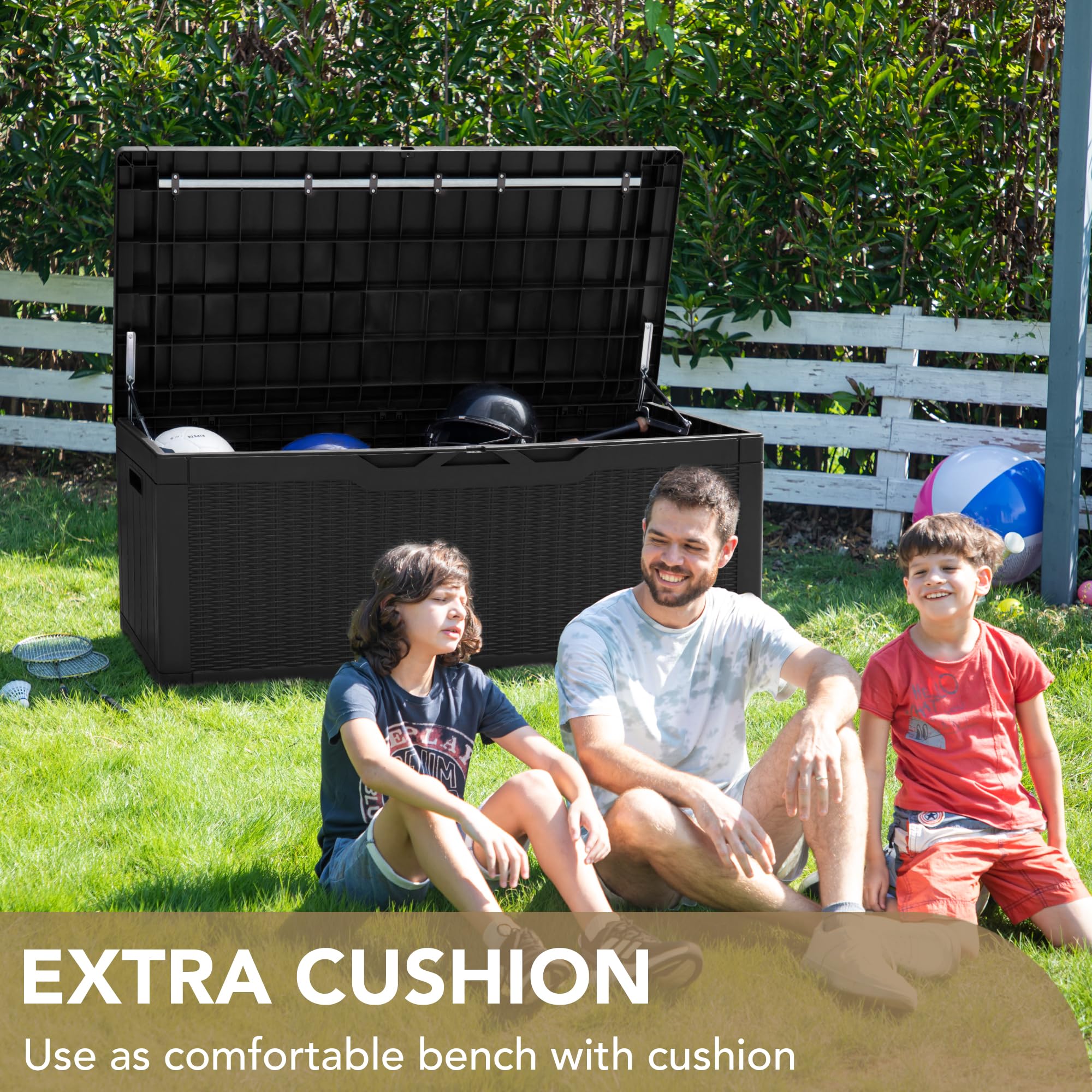 Devoko 100 Gallon Waterproof Resin Deck Box with Cushion, Outdoor Storage Bench & Lockable Lid
