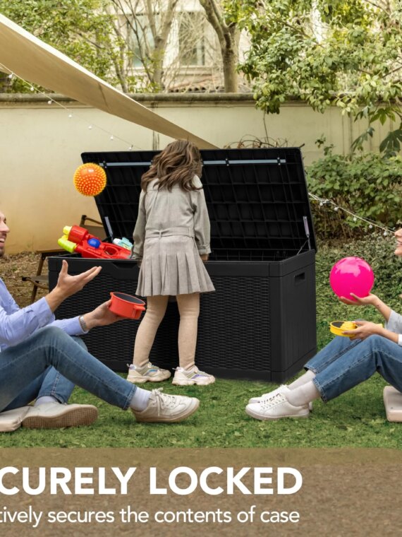 Devoko 100 Gallon Waterproof Resin Deck Box with Cushion, Outdoor Storage Bench & Lockable Lid