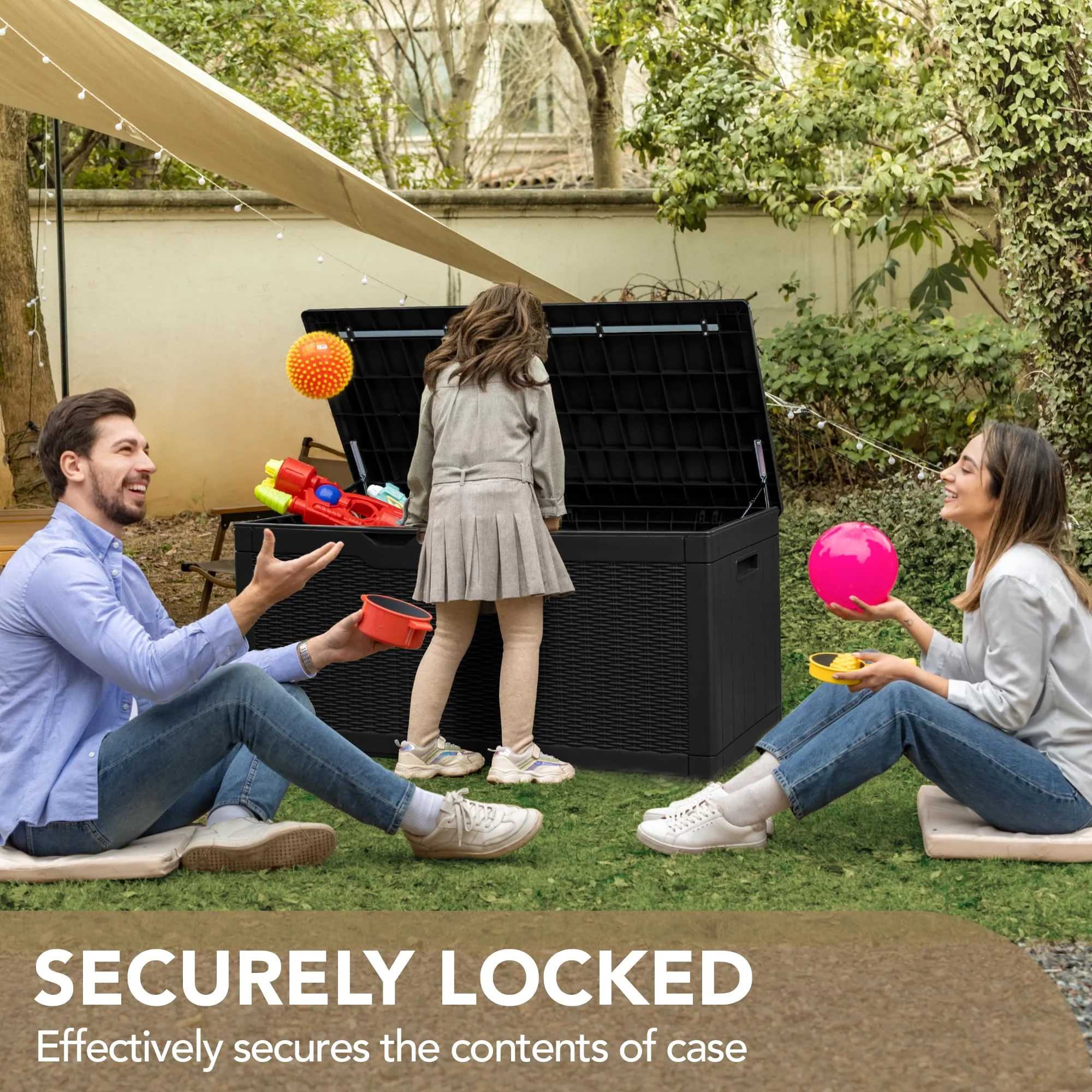 Devoko 100 Gallon Waterproof Resin Deck Box with Cushion, Outdoor Storage Bench & Lockable Lid