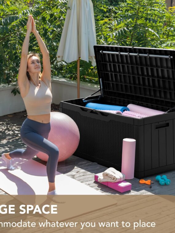 Devoko 100 Gallon Waterproof Resin Deck Box with Cushion, Outdoor Storage Bench & Lockable Lid