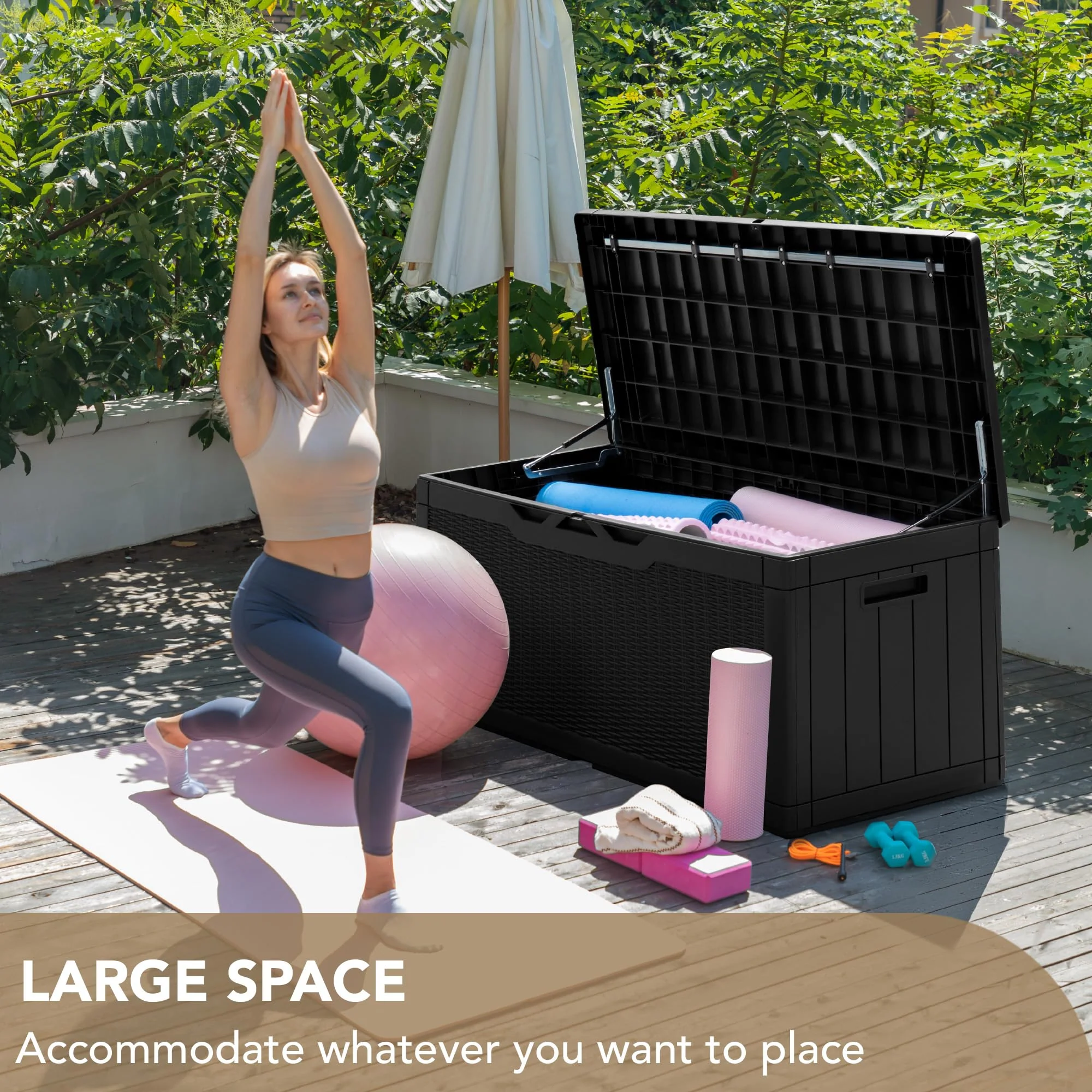 Devoko 100 Gallon Waterproof Resin Deck Box with Cushion, Outdoor Storage Bench & Lockable Lid