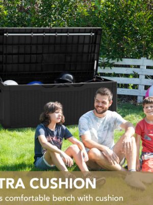 Devoko 100 Gallon Waterproof Resin Deck Box with Cushion, Outdoor Storage & Seating