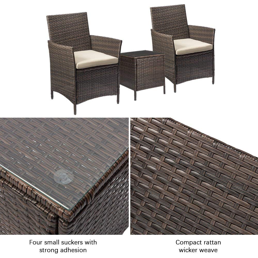 Devoko 3-Piece Patio Furniture Set - Rattan Chairs & Glass Table for Outdoor Use