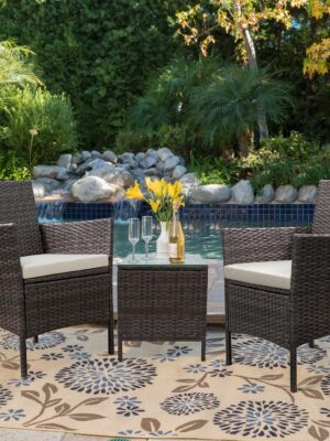 Devoko 3-Piece Patio Furniture Set – Rattan Chairs & Glass Table for Outdoor Use