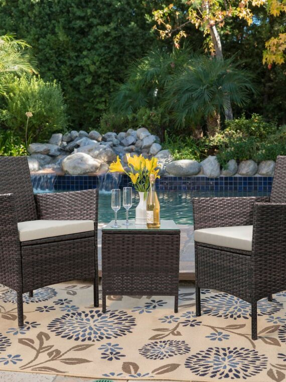 Devoko 3-Piece Patio Furniture Set - Rattan Chairs & Glass Table for Outdoor Use