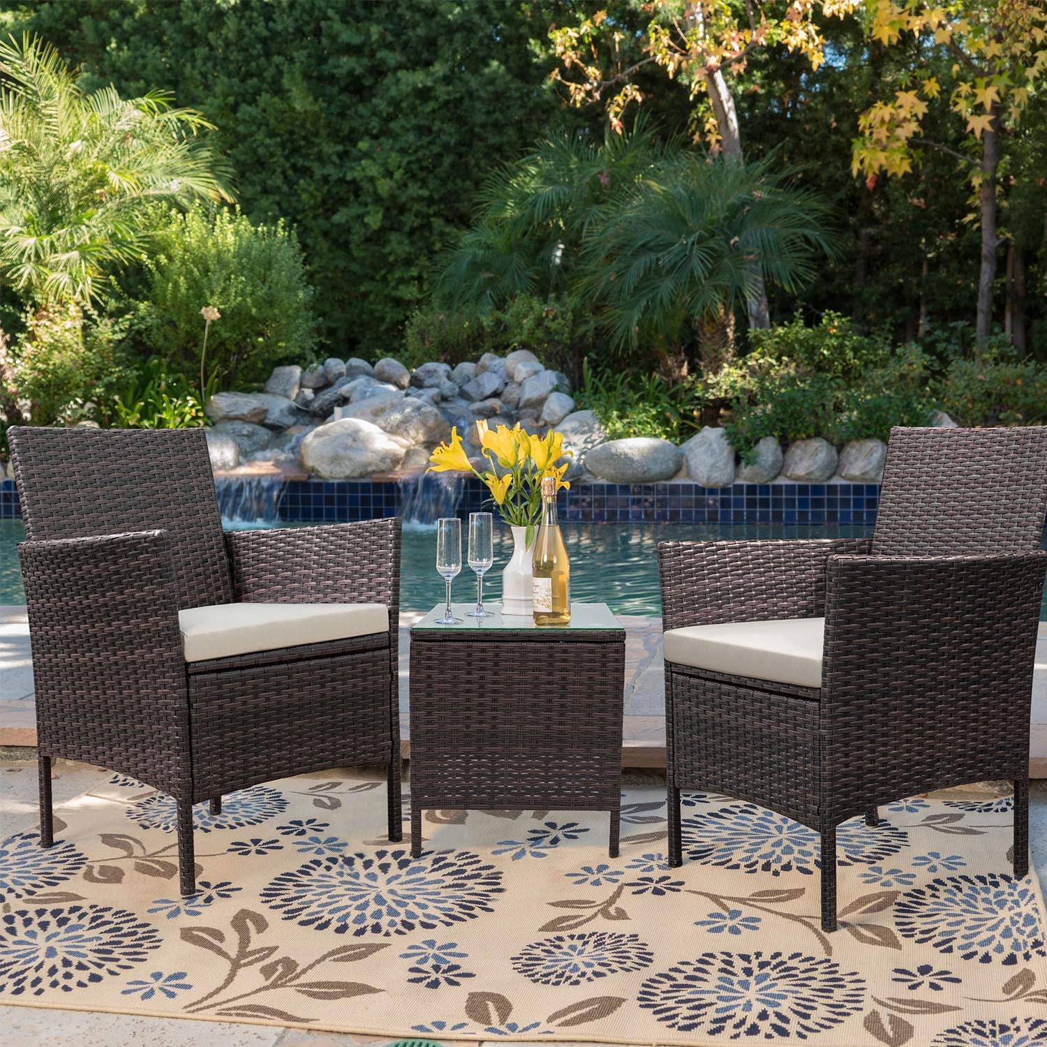 Devoko 3-Piece Patio Furniture Set - Rattan Chairs & Glass Table for Outdoor Use