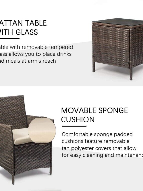 Devoko 3-Piece Patio Furniture Set - Rattan Chairs & Glass Table for Outdoor Use