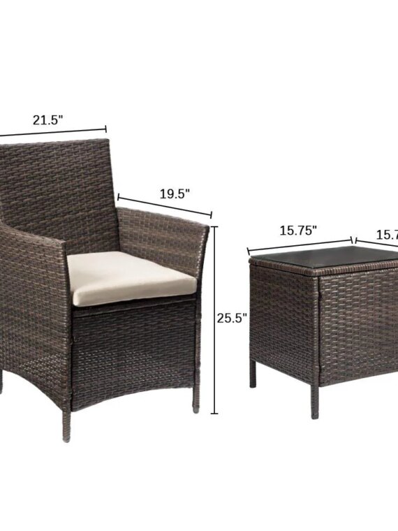 Devoko 3-Piece Patio Furniture Set - Rattan Chairs & Glass Table for Outdoor Use