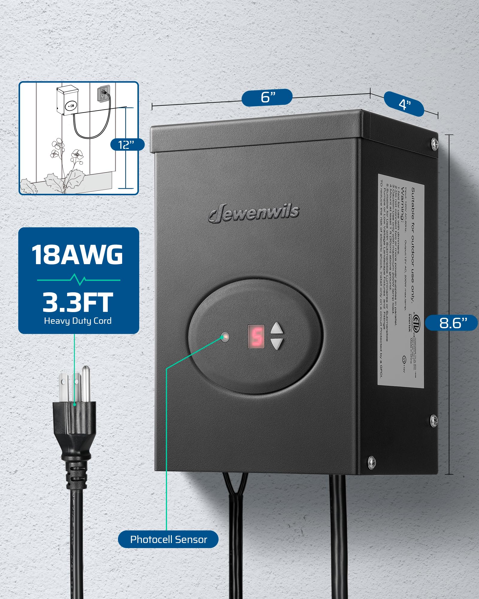 DEWENWILS 200W Low Voltage Landscape Lighting Transformer with Dusk to Dawn Sensor & Timer, Waterproof, ETL Certified
