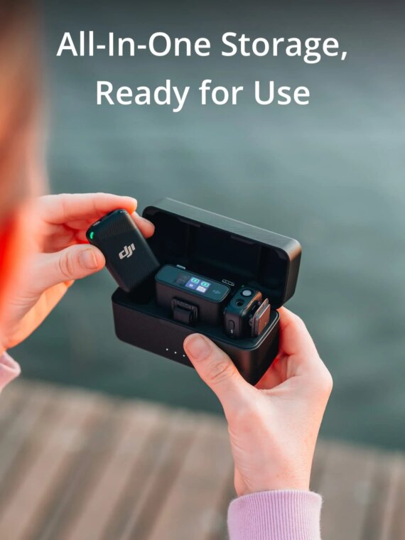 DJI Mic Wireless Lavalier Microphone System with Charging Case, 250m Range, 15-Hour Battery, Magnetic Attachment, OLED Screen
