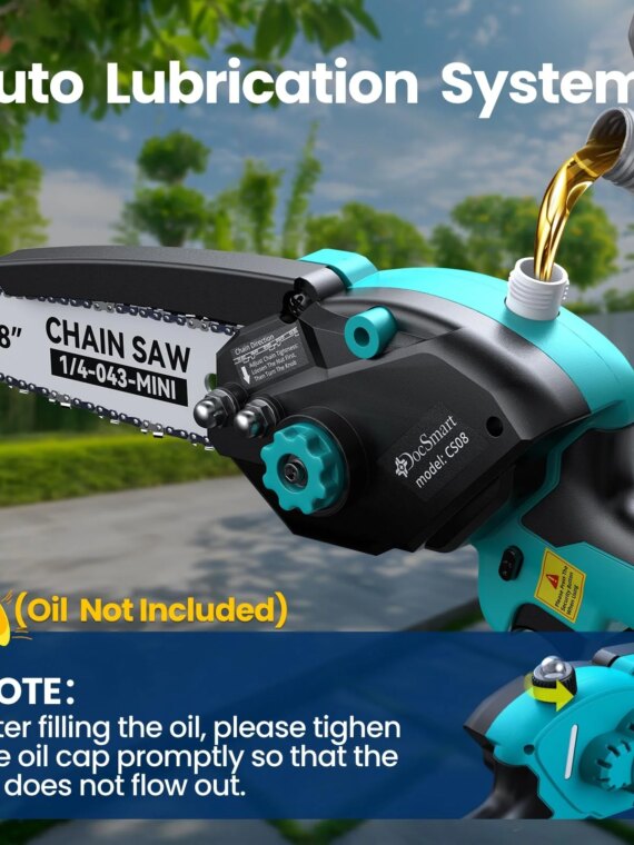 DocSmart Mini Cordless Chainsaw, 6" & 8" Blades, 1000W Motor, 4000mAh Battery, Auto Oiler, Safety Features
