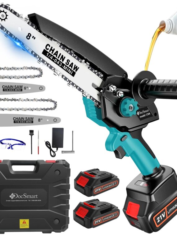 DocSmart Mini Cordless Chainsaw, 6" & 8" Blades, 1000W Motor, 4000mAh Battery, Auto Oiler, Safety Features