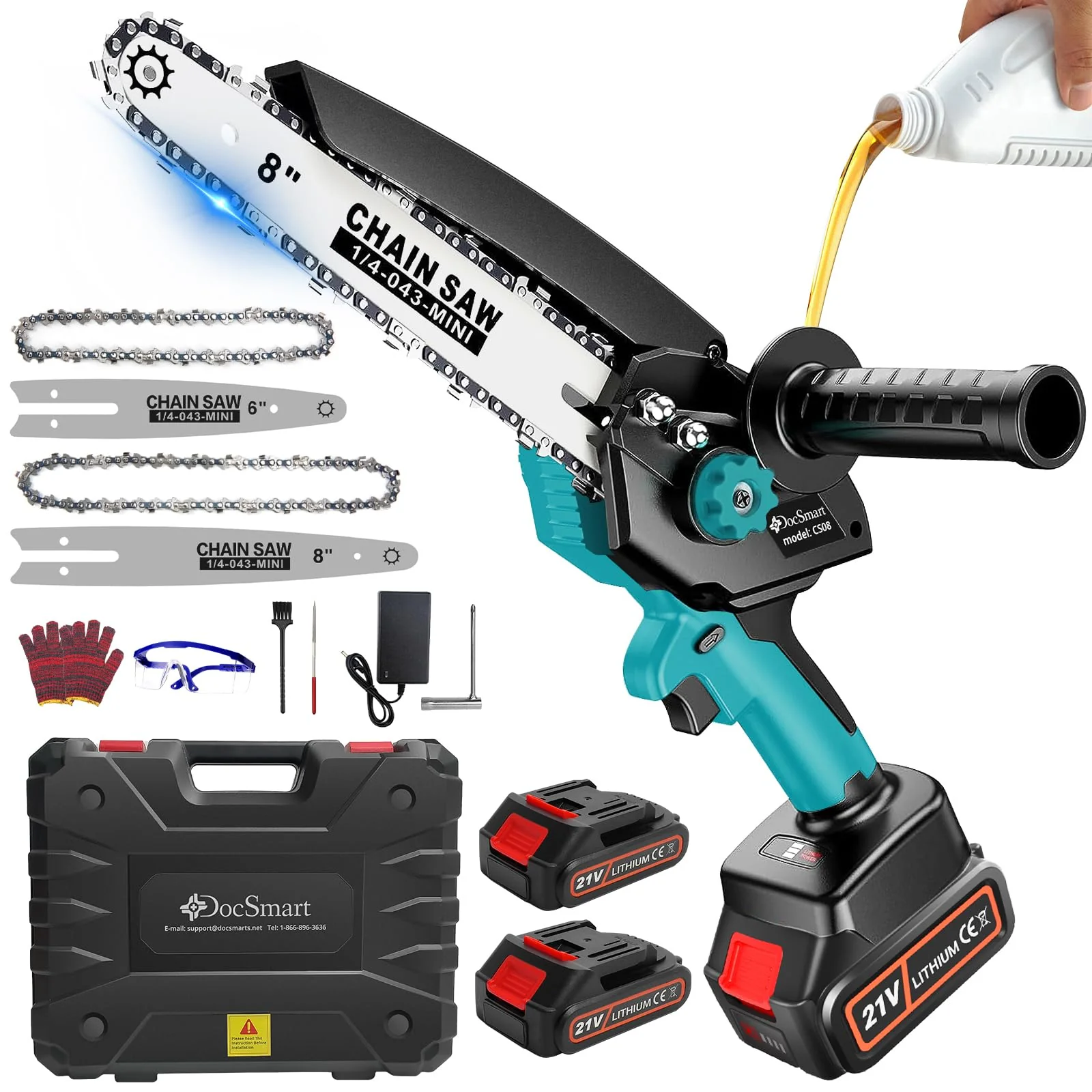DocSmart Mini Cordless Chainsaw, 6" & 8" Blades, 1000W Motor, 4000mAh Battery, Auto Oiler, Safety Features