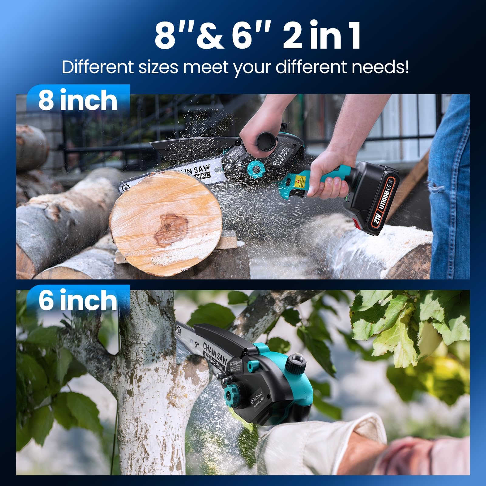 DocSmart Mini Cordless Chainsaw, 6" & 8" Blades, 1000W Motor, 4000mAh Battery, Auto Oiler, Safety Features