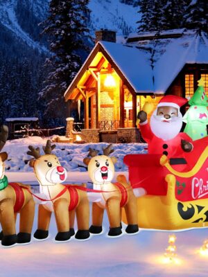 DomKom 12FT Christmas Inflatable Black Santa with Reindeer Sleigh, Outdoor Yard Decor with LED Lights