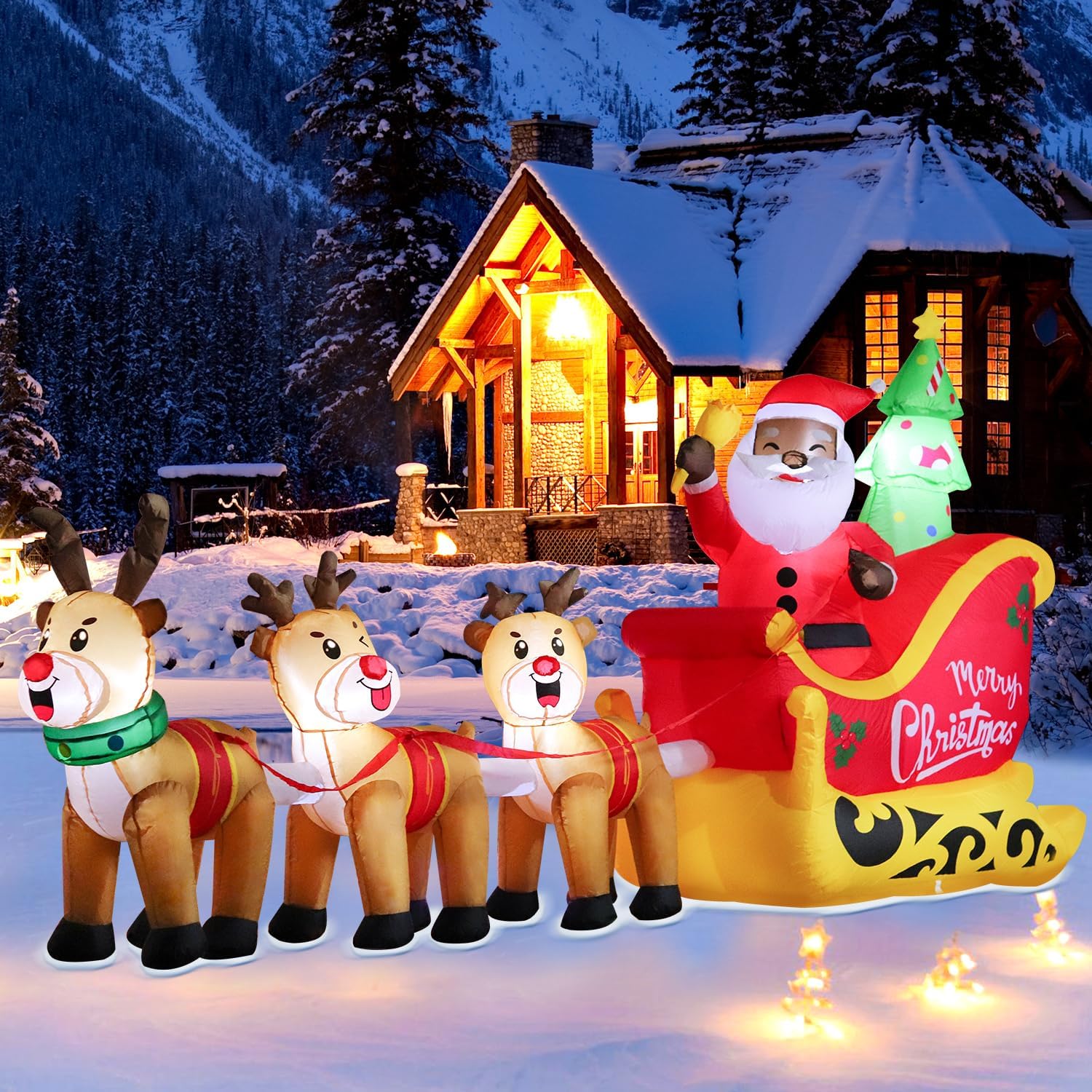 DomKom 12FT Christmas Inflatable Black Santa with Reindeer Sleigh, Outdoor Yard Decor with LED Lights