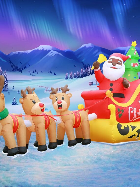 DomKom 12FT Christmas Inflatable Black Santa with Reindeer Sleigh, Outdoor Yard Decor with LED Lights