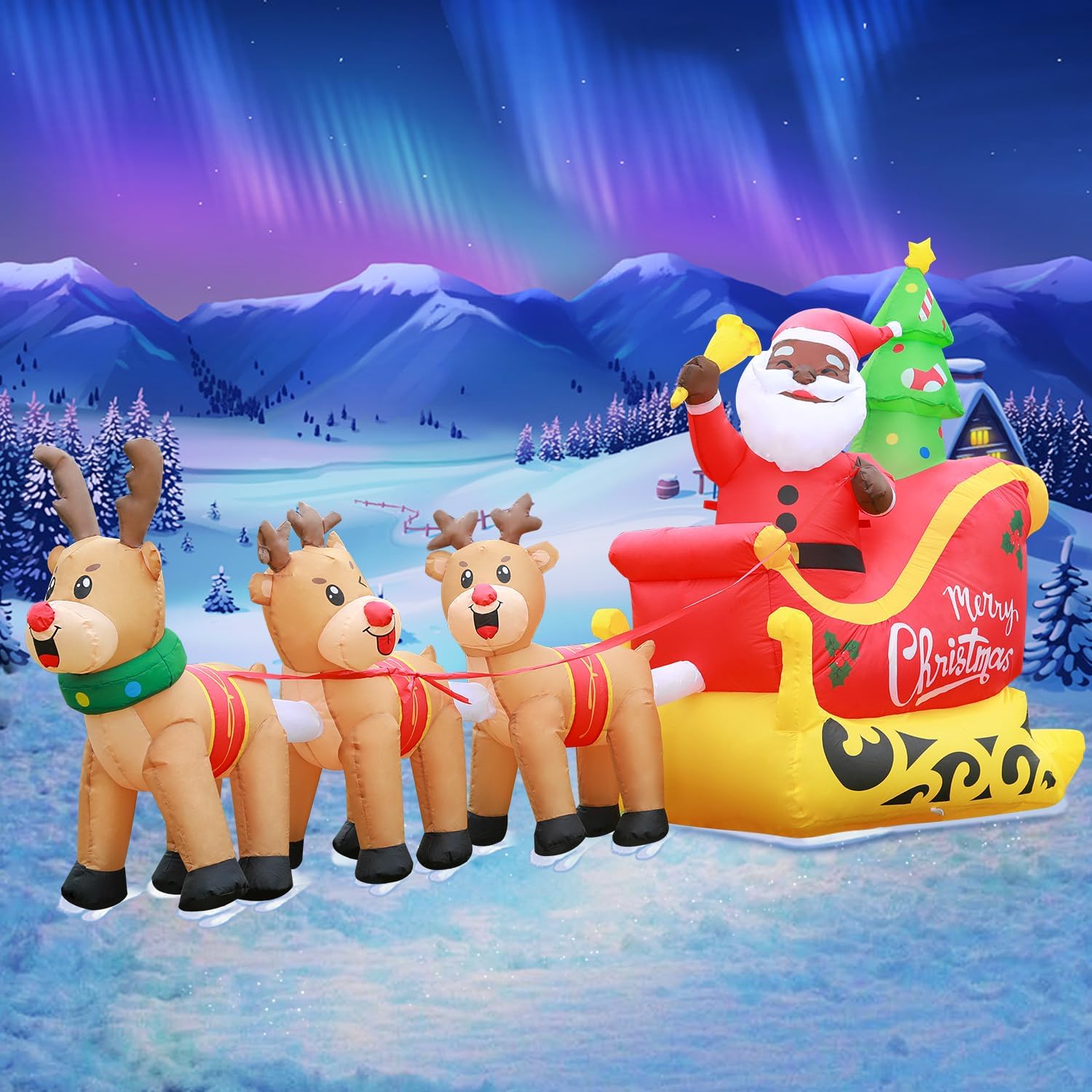 DomKom 12FT Christmas Inflatable Black Santa with Reindeer Sleigh, Outdoor Yard Decor with LED Lights