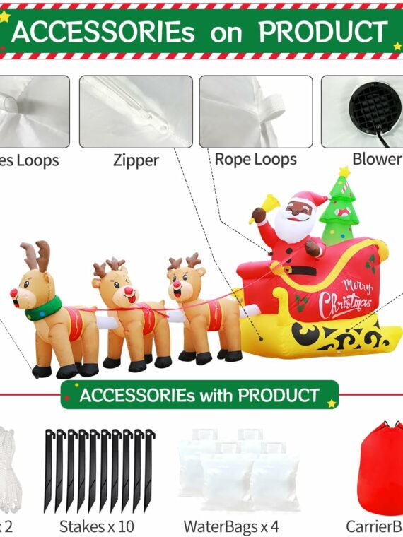 DomKom 12FT Christmas Inflatable Black Santa with Reindeer Sleigh, Outdoor Yard Decor with LED Lights