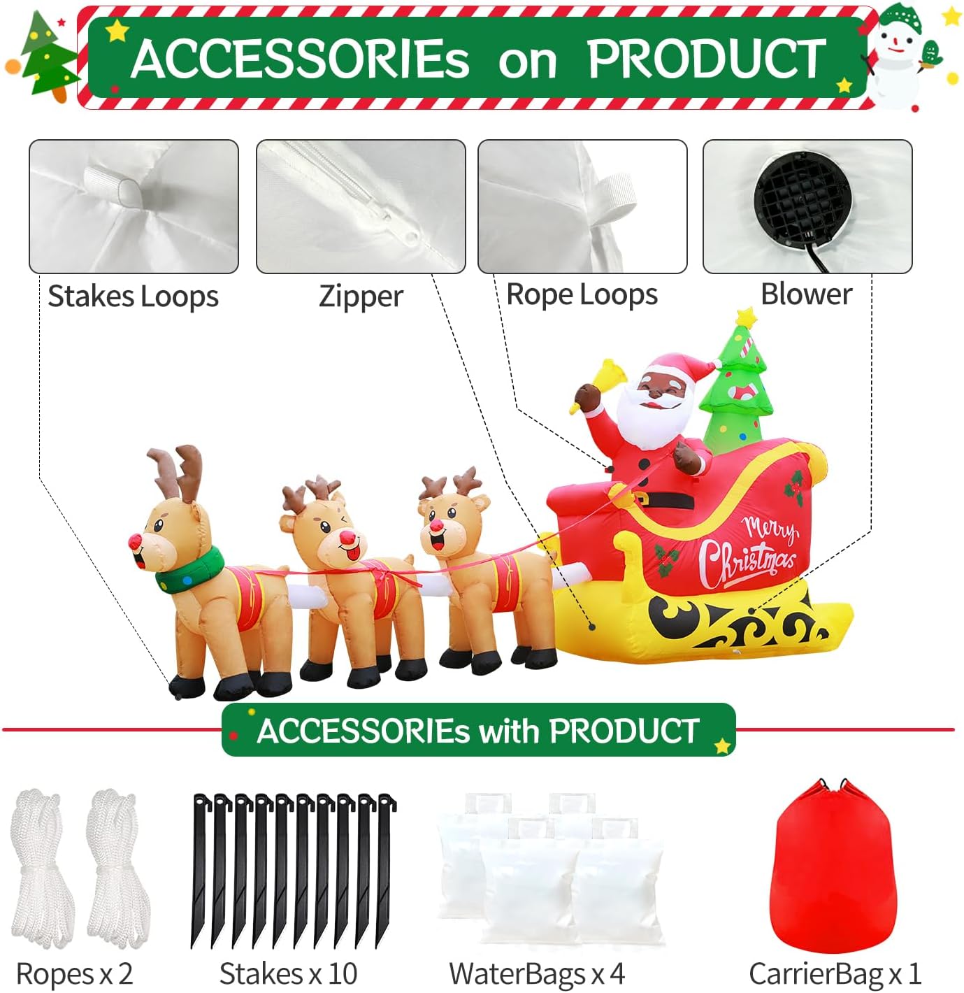 DomKom 12FT Christmas Inflatable Black Santa with Reindeer Sleigh, Outdoor Yard Decor with LED Lights