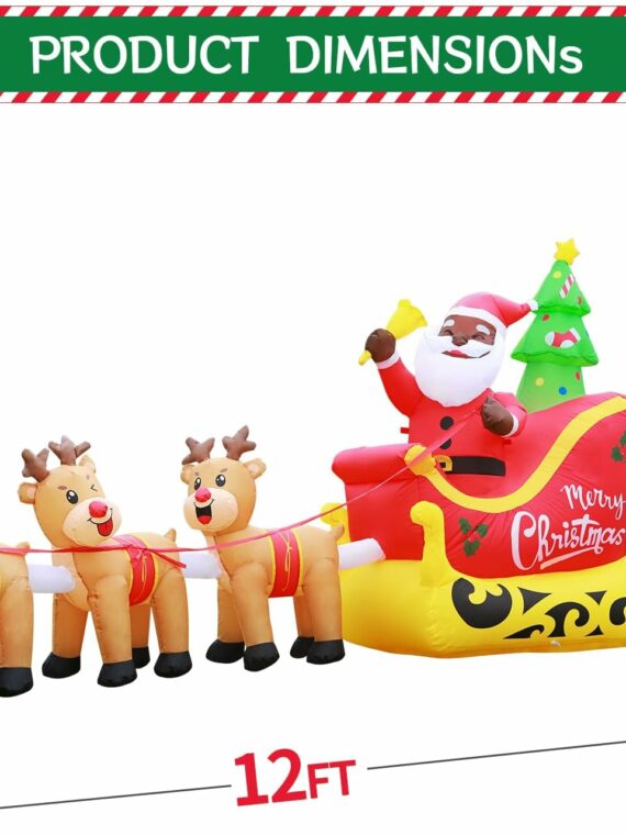 DomKom 12FT Christmas Inflatable Black Santa with Reindeer Sleigh, Outdoor Yard Decor with LED Lights