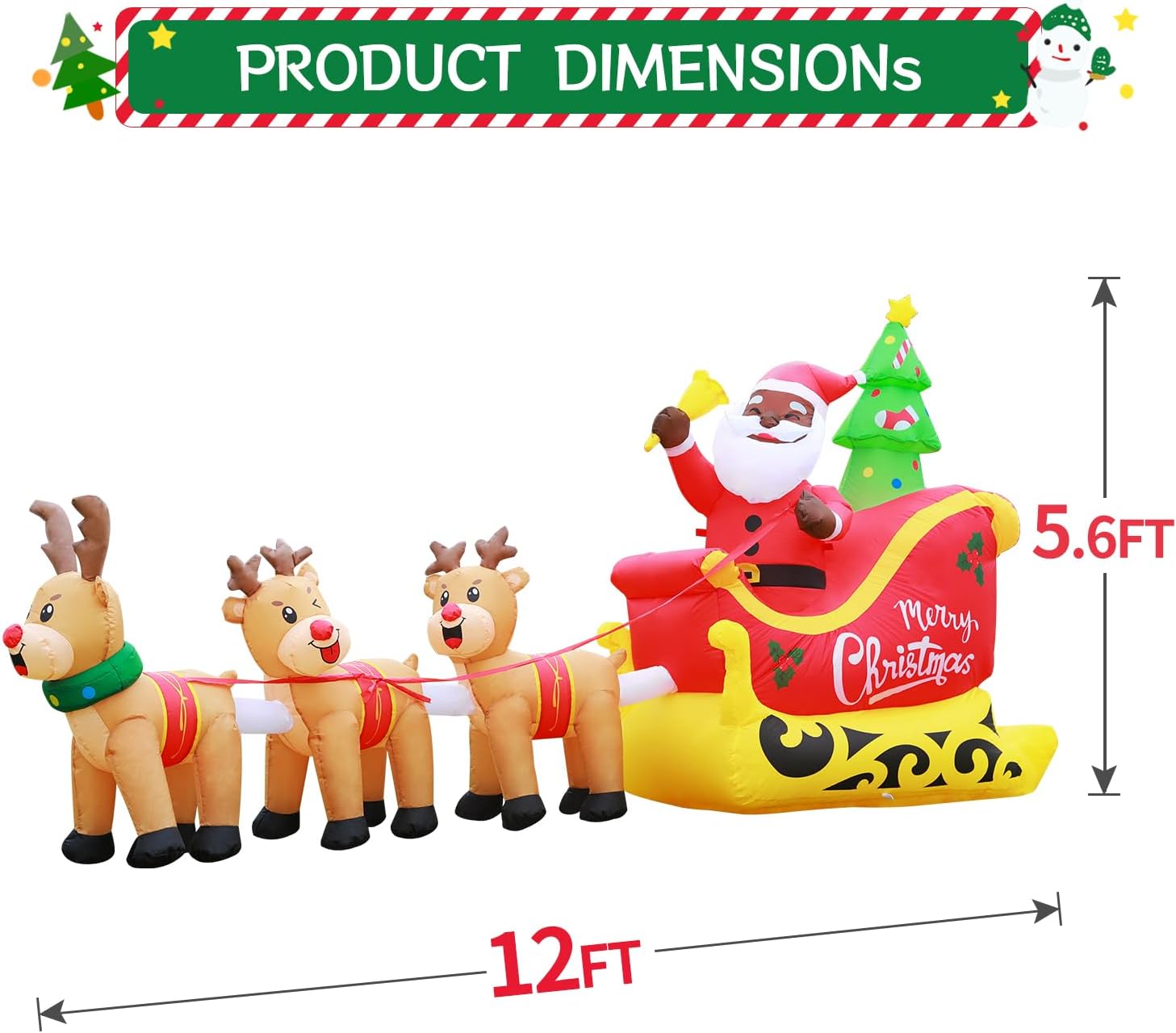 DomKom 12FT Christmas Inflatable Black Santa with Reindeer Sleigh, Outdoor Yard Decor with LED Lights