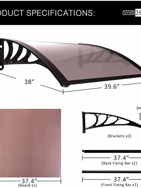 Durable Brown Polycarbonate Window Door Awning Canopy, 40/80/120 Inch, Weather Resistant with Easy Installation