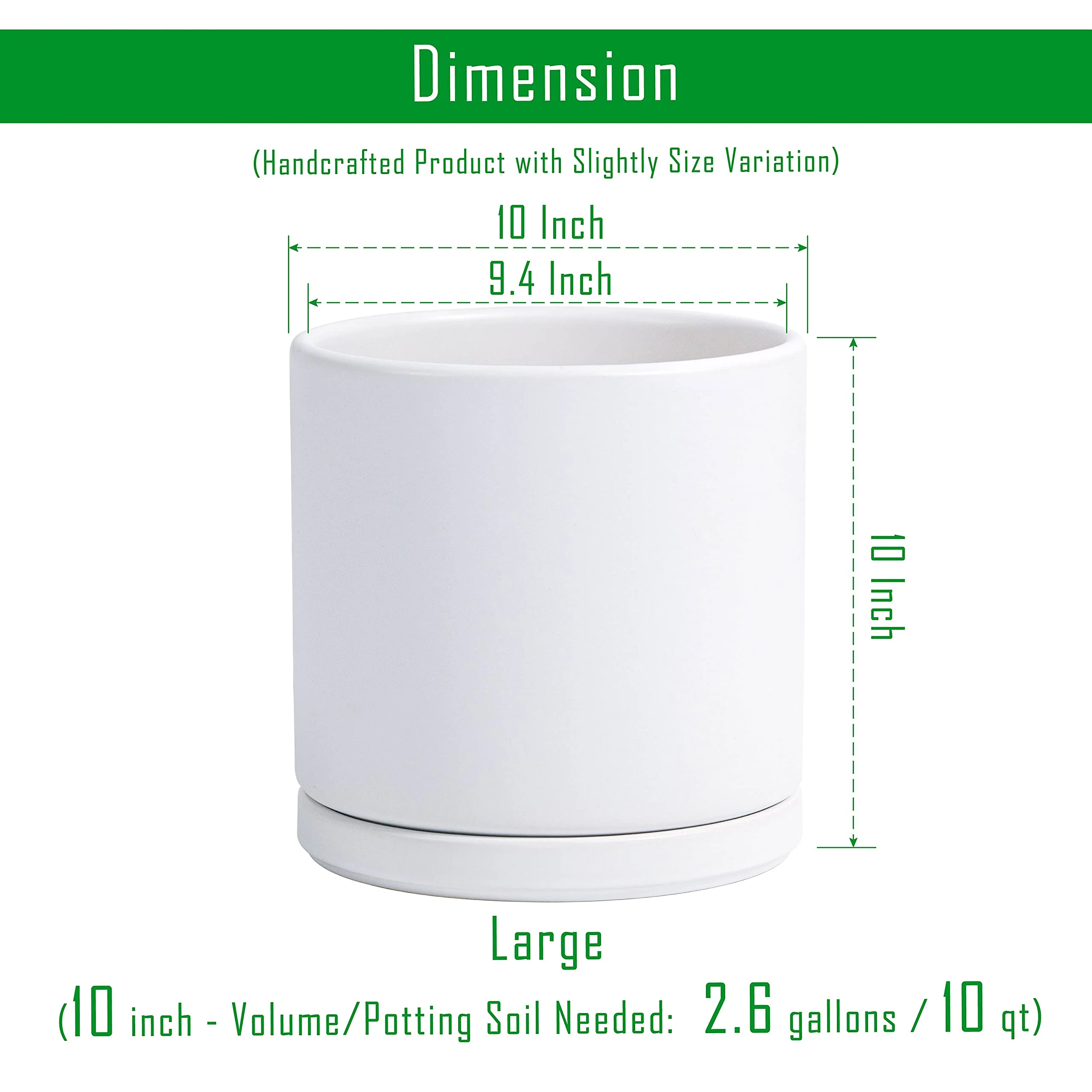 D'vine Dev 10" White Ceramic Planter Pot with Drainage Hole & Saucer, Modern Cylindrical Design