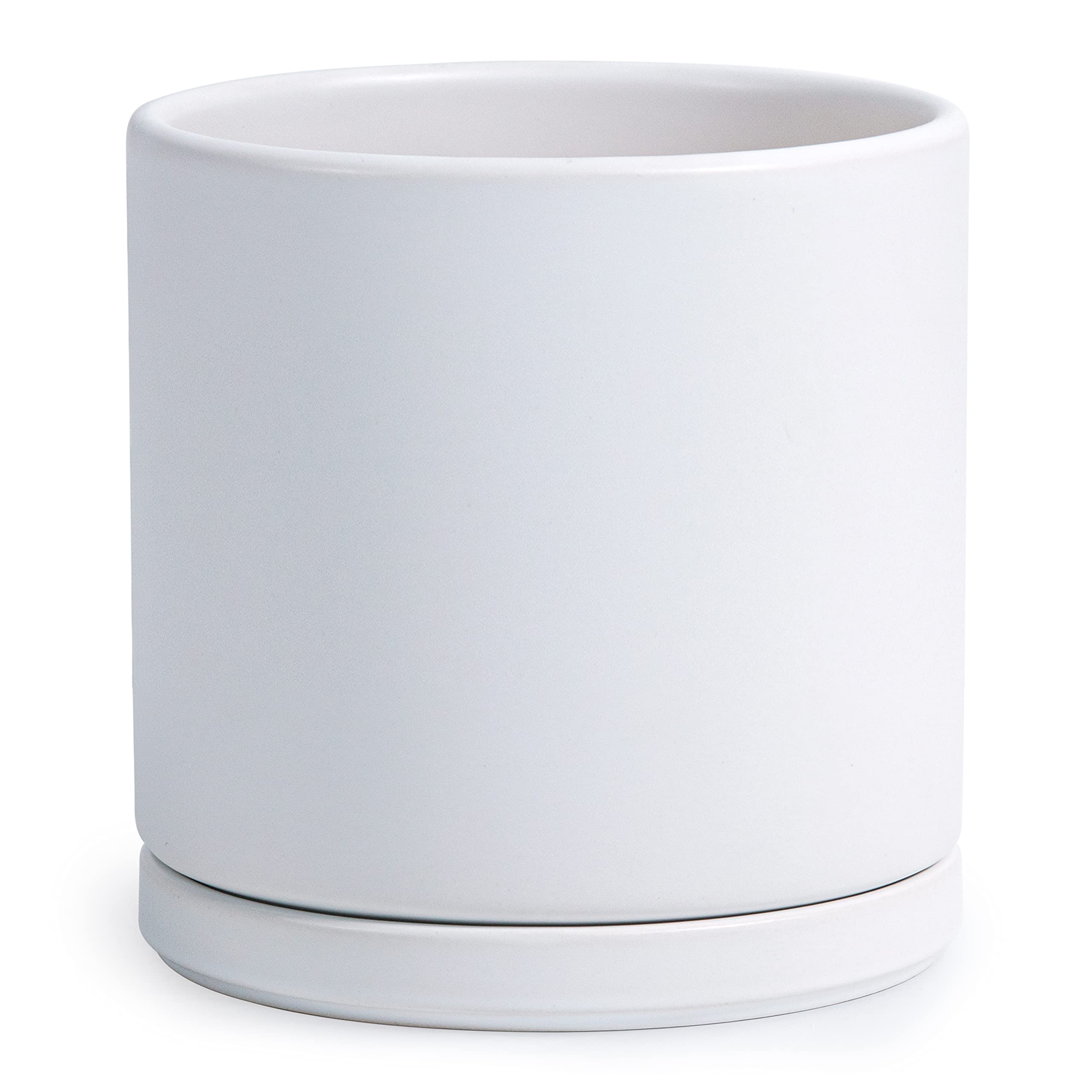D'vine Dev 10" White Ceramic Planter Pot with Drainage Hole & Saucer, Modern Cylindrical Design
