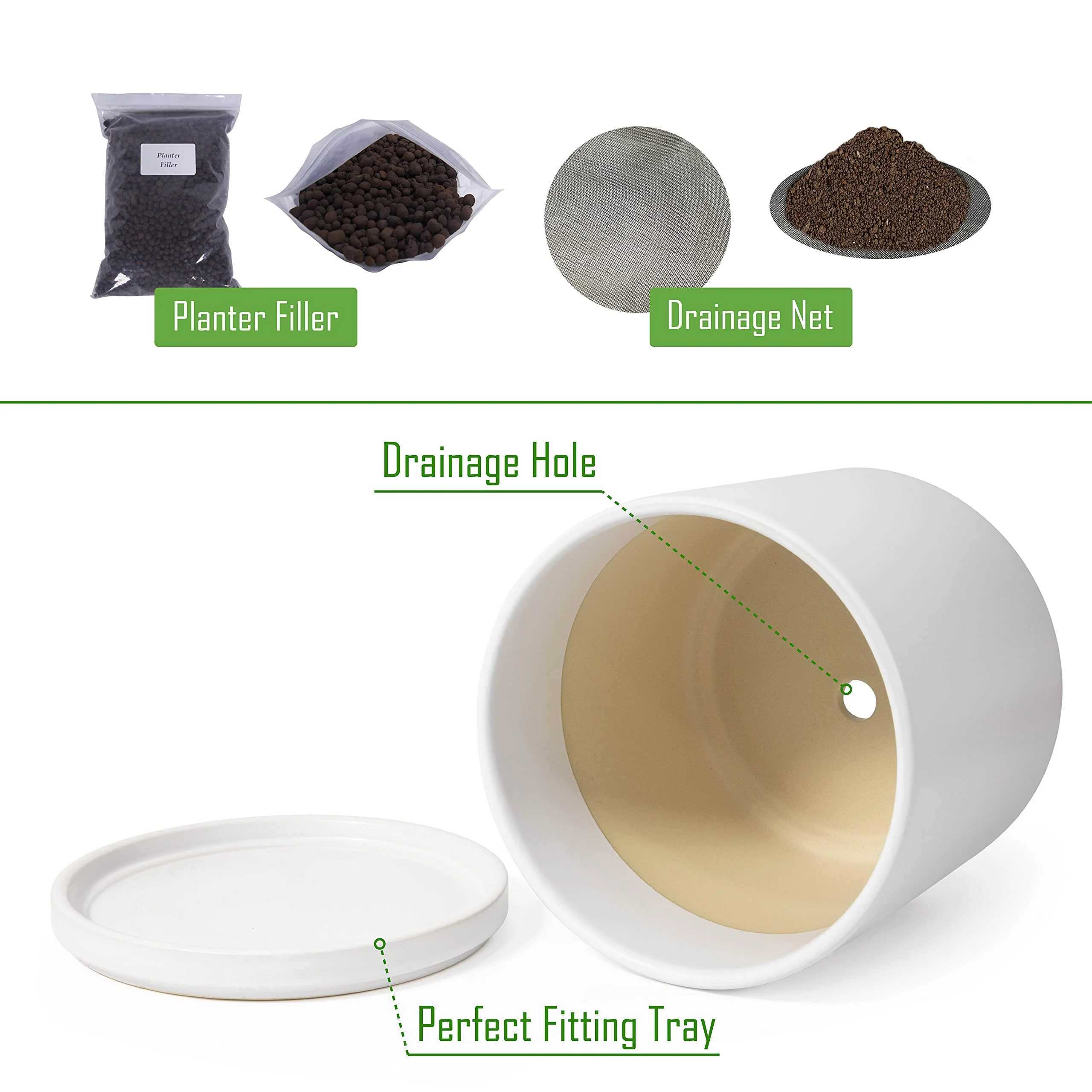 D'vine Dev 10" White Ceramic Planter Pot with Drainage Hole & Saucer, Modern Cylindrical Design