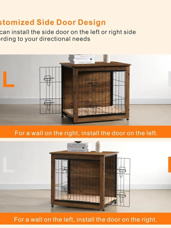 DWANTON Wooden Dog Crate Furniture with Cushion, Multi-Functional Pet Crate & Side Table, Double Doors, Adjustable Feet, Durable Construction