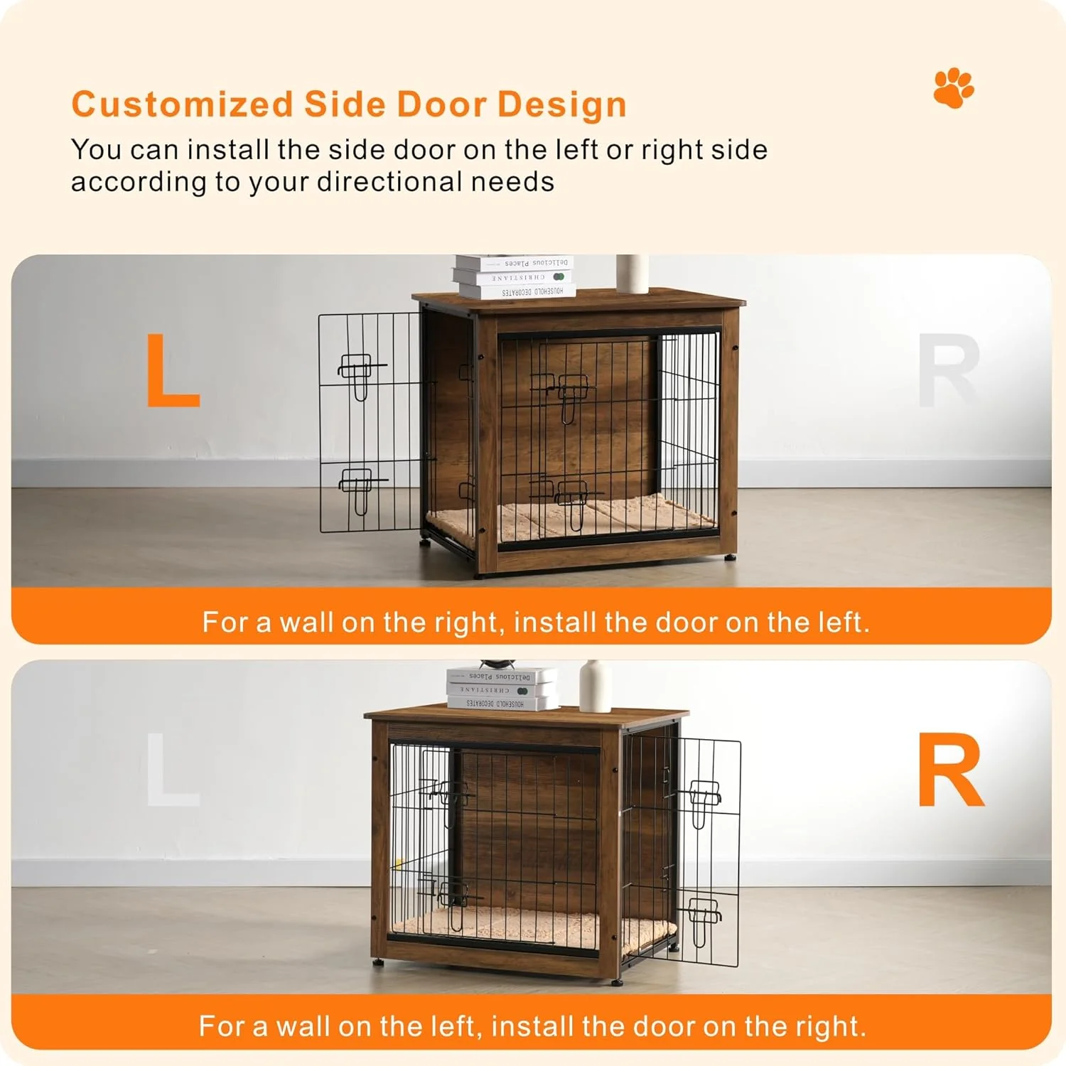 DWANTON Wooden Dog Crate Furniture with Cushion, Multi-Functional Pet Crate & Side Table, Double Doors, Adjustable Feet, Durable Construction